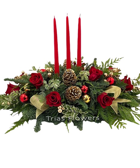 Grand Holiday Centerpiece roses and holiday decor