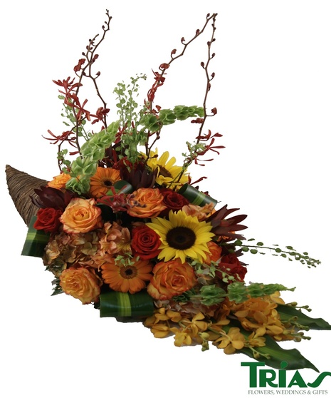 An Arrangement of  Hydrangeas, Red Roses, Orange Roses, Orange Mokara Orchids, James Storie Orchids, Orange Gerberas, Orange Alstromerias, Safari Sunset