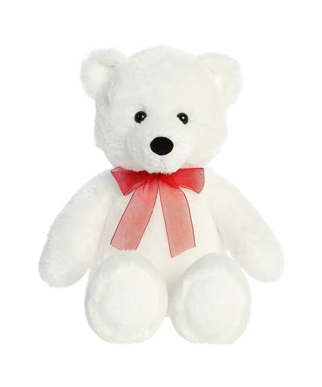 The  teddy bear is a classically designed plush bear with a downy, tan exterior, and chiffon red ribbon.