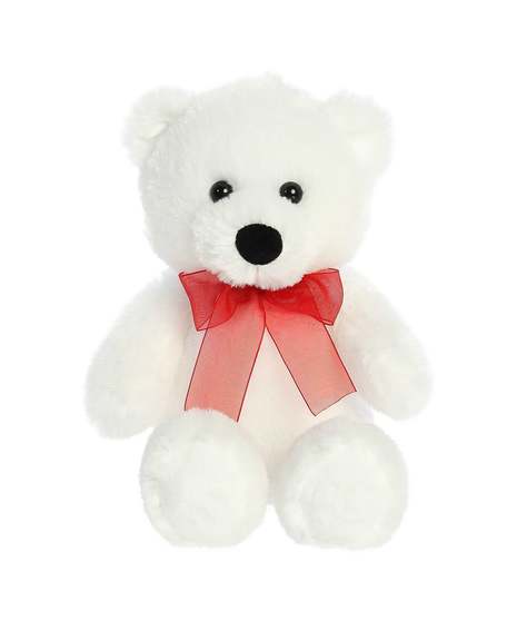 The  teddy bear is a classically designed plush bear with a downy, tan exterior, and chiffon red ribbon.