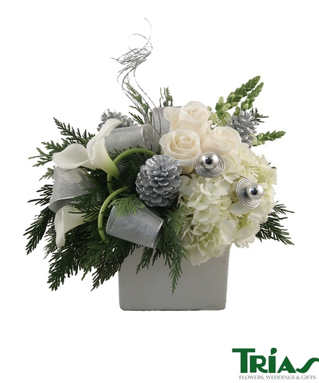 Winter Frost  Bouquet with white roses, hydrangeas, and snapdragons