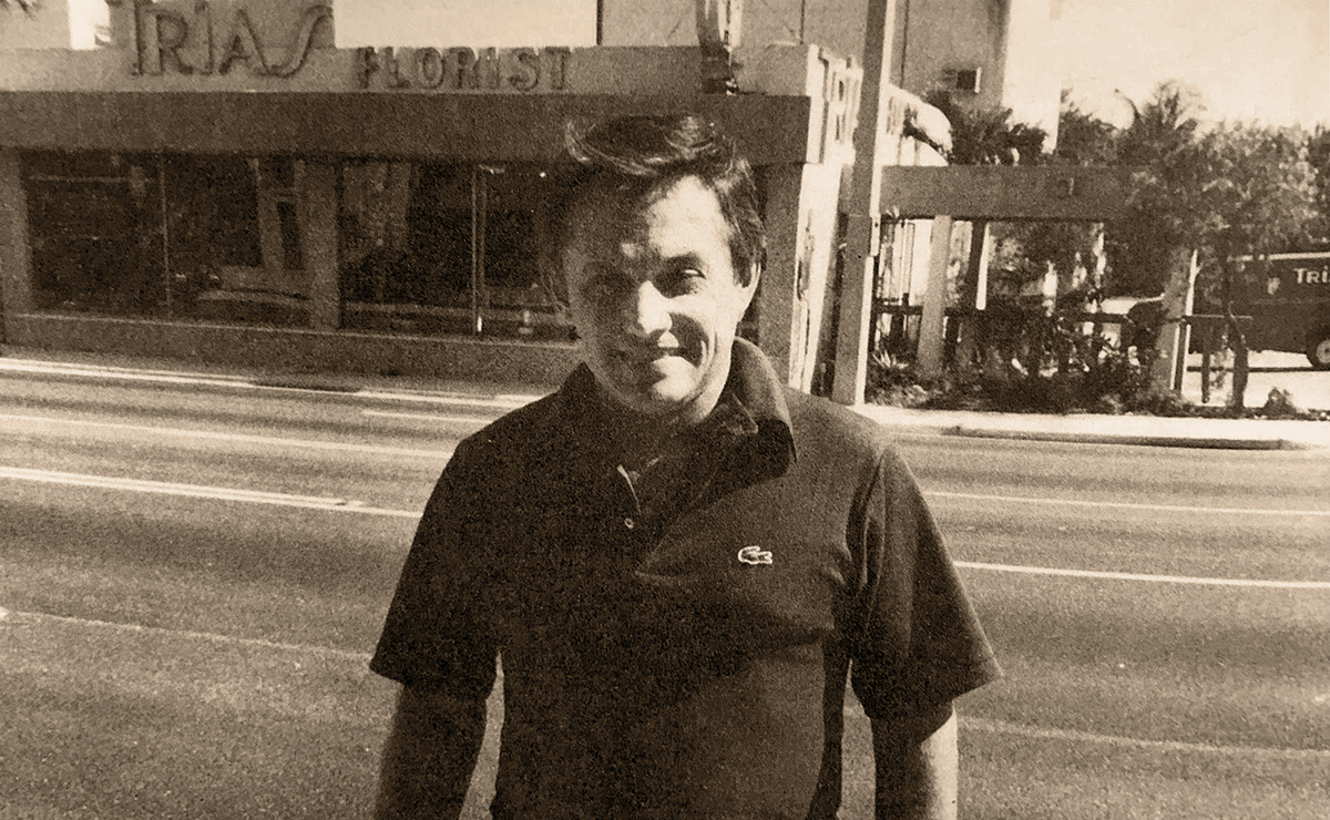 A more relaxed Joaquin, wearing a polo shirt, looks excited outside our original Miami showroom